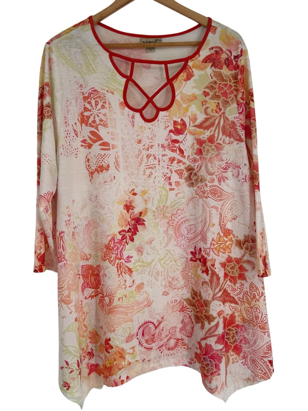 One World Womens BOHO Tunic Top Size 2X Orange Floral Asymmetric Cutout Cottage